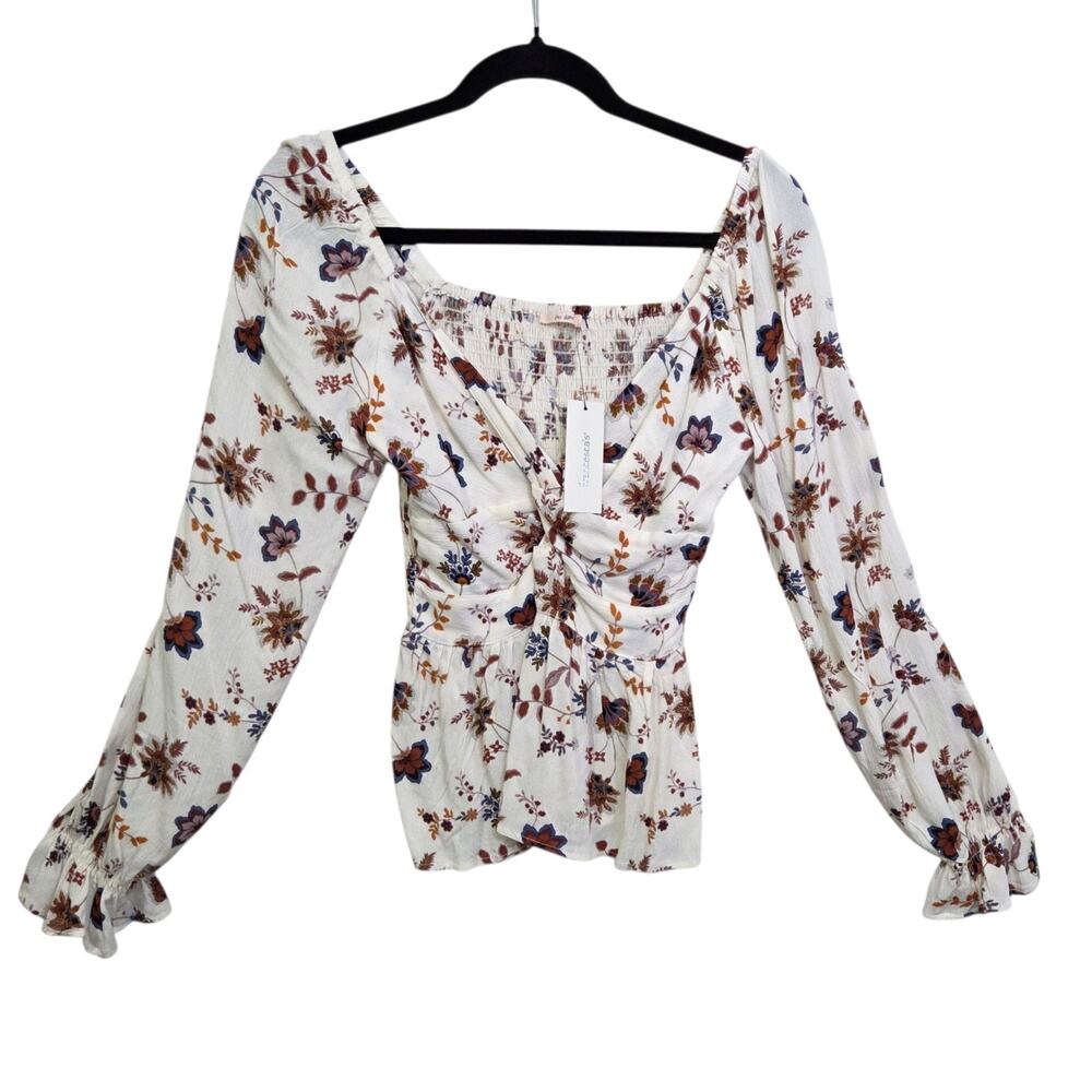 MI AMI Francesca's Cream & Floral Long Sleeve Crepe Ruffle Wrist Top‎ SZ S NWT
